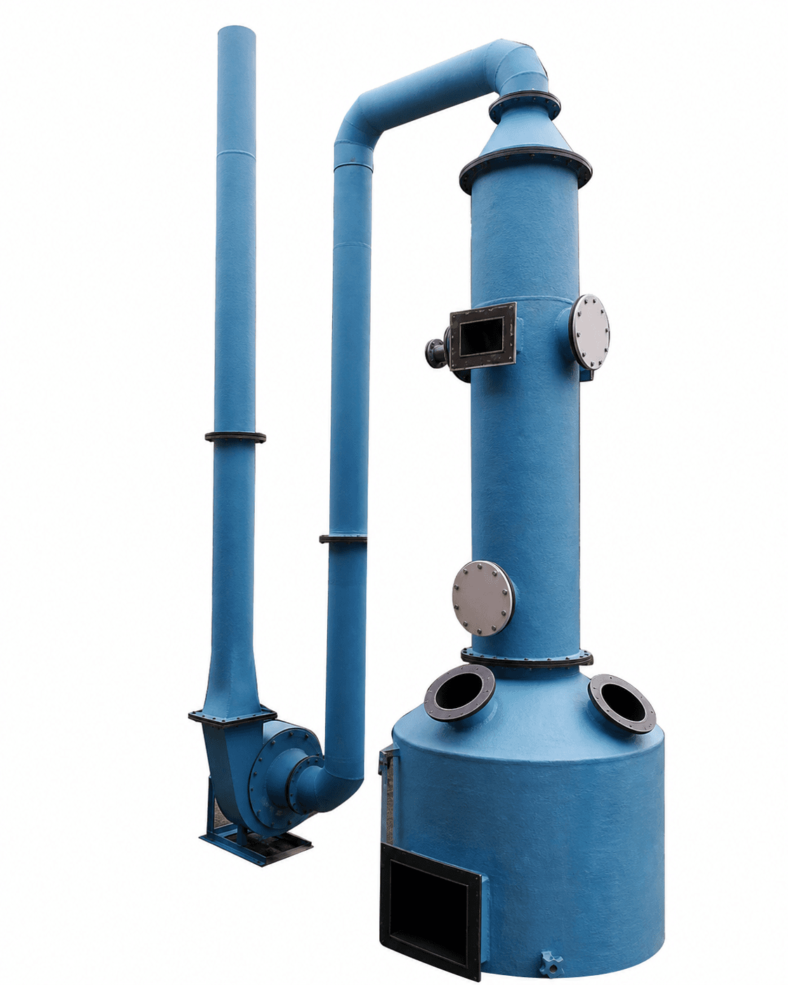 Wet scrubber, centrifugal blower, connecting duct and exhaust stack system