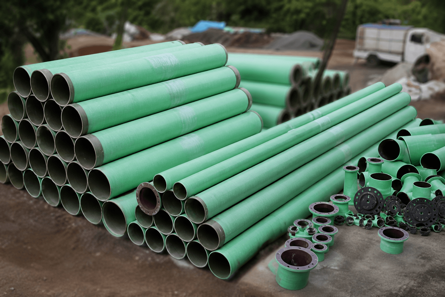 Green FRP pipes and fittings prepared for industrial installation